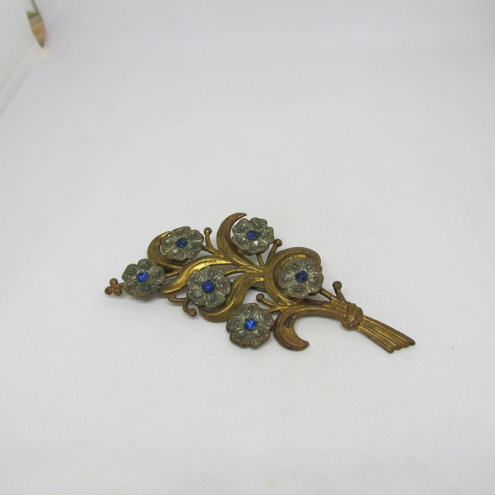 Vintage 1940s Floral Bouquet Brooch Pin Gold Tone Blue Rhinestone Unsigned 3.25"